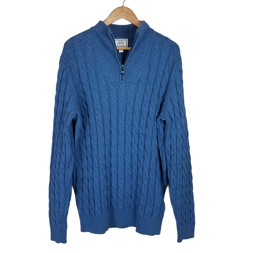 Jos A Bank 1905 Blue Cable Knit Quarter Zip Casual Pullover Men's Sweater